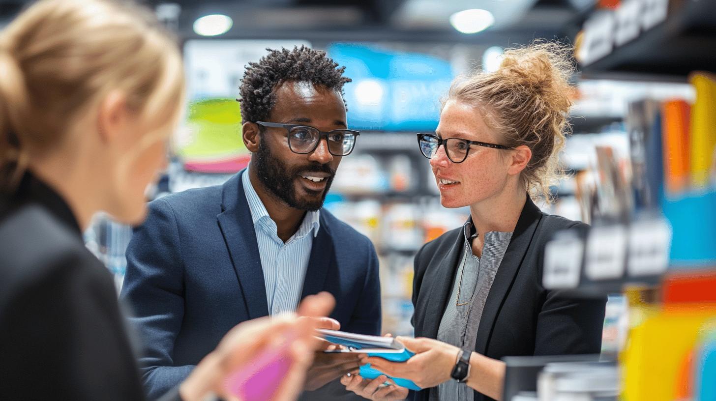 Professional colleagues collaborating in retail store, exchanging documents with focused discussion and engaged body language, wearing business attire with glasses in modern commercial environment