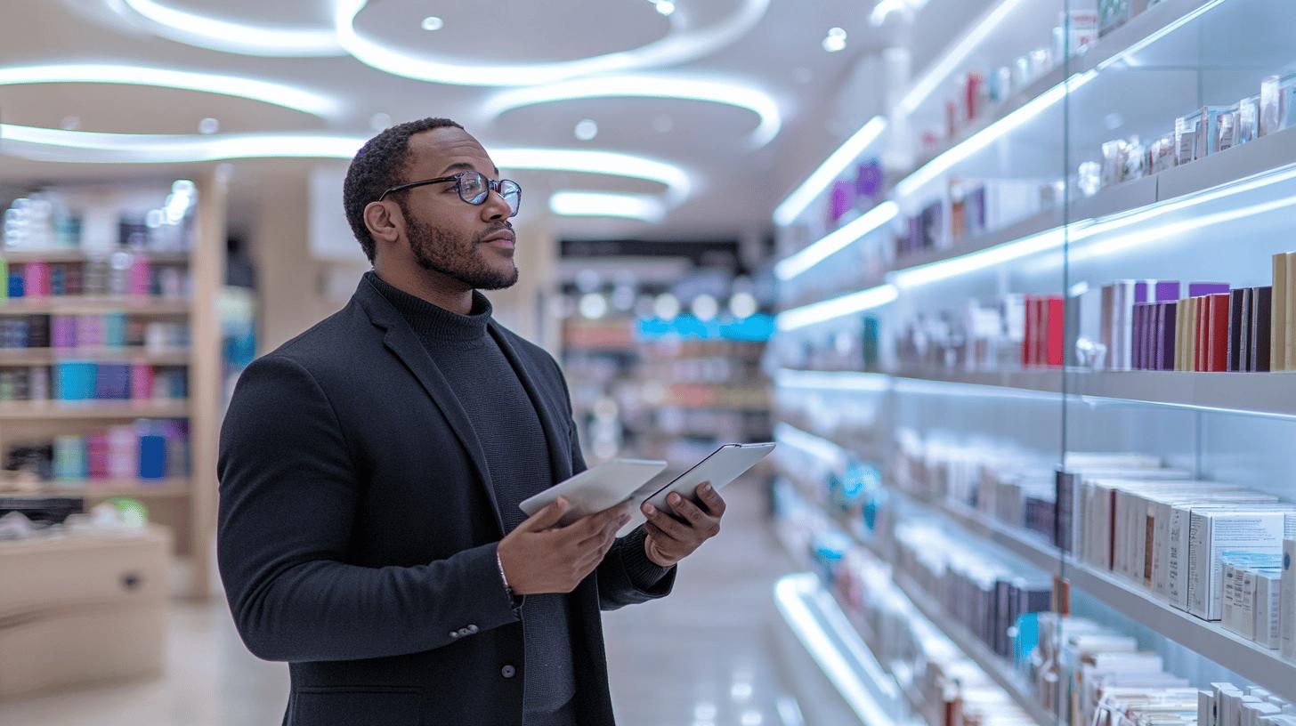 Professional in black attire using tablet while examining inventory in modern, well-lit retail pharmacy with illuminated shelves stocked with products