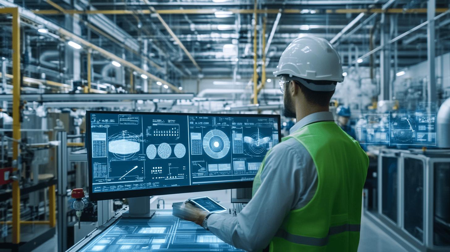 Worker in green safety vest monitoring advanced digital control screens in high-tech industrial manufacturing facility, showcasing modern automation and data visualization technologies