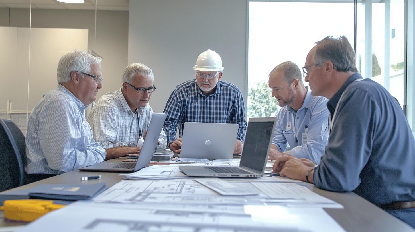 Professional construction team collaborating on project blueprints in modern conference room with laptops and architectural drawings, featuring team members in business casual attire and safety hard hat