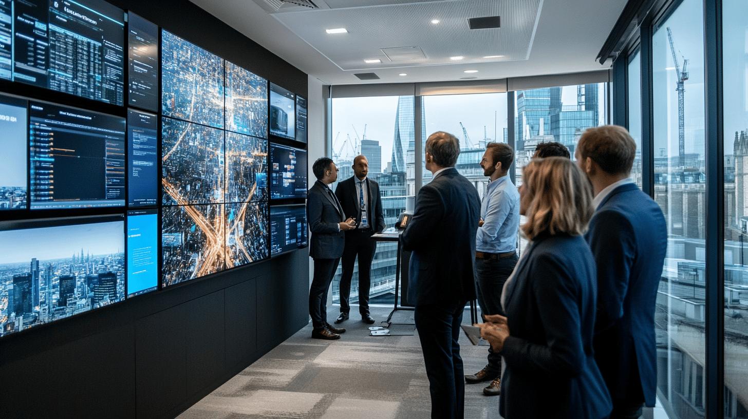 Advanced data visualization control room with cityscape analytics displayed on multiple screens, business professionals analyzing urban infrastructure and network data with London skyline visible in background
