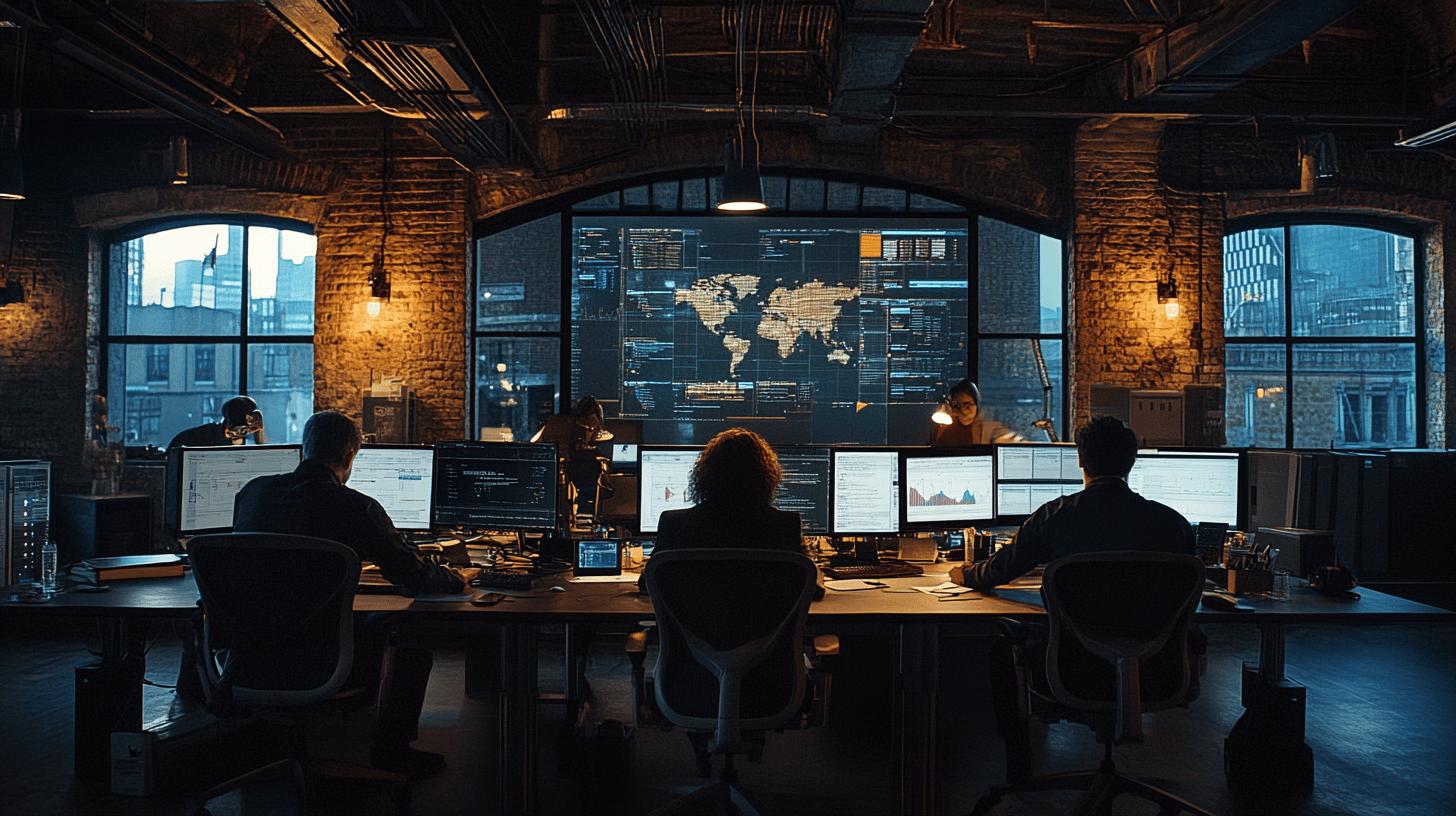 Global data analytics team working in industrial-style tech control room with multiple computer monitors and world map display, showcasing collaborative digital workspace with exposed brick walls and city skyline views