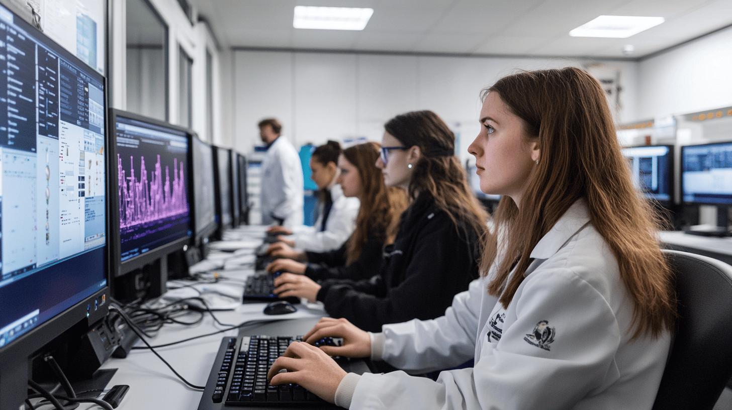 female research scientists analyzing data on computer monitors in modern laboratory workspace with multiple workstations and data visualization screens