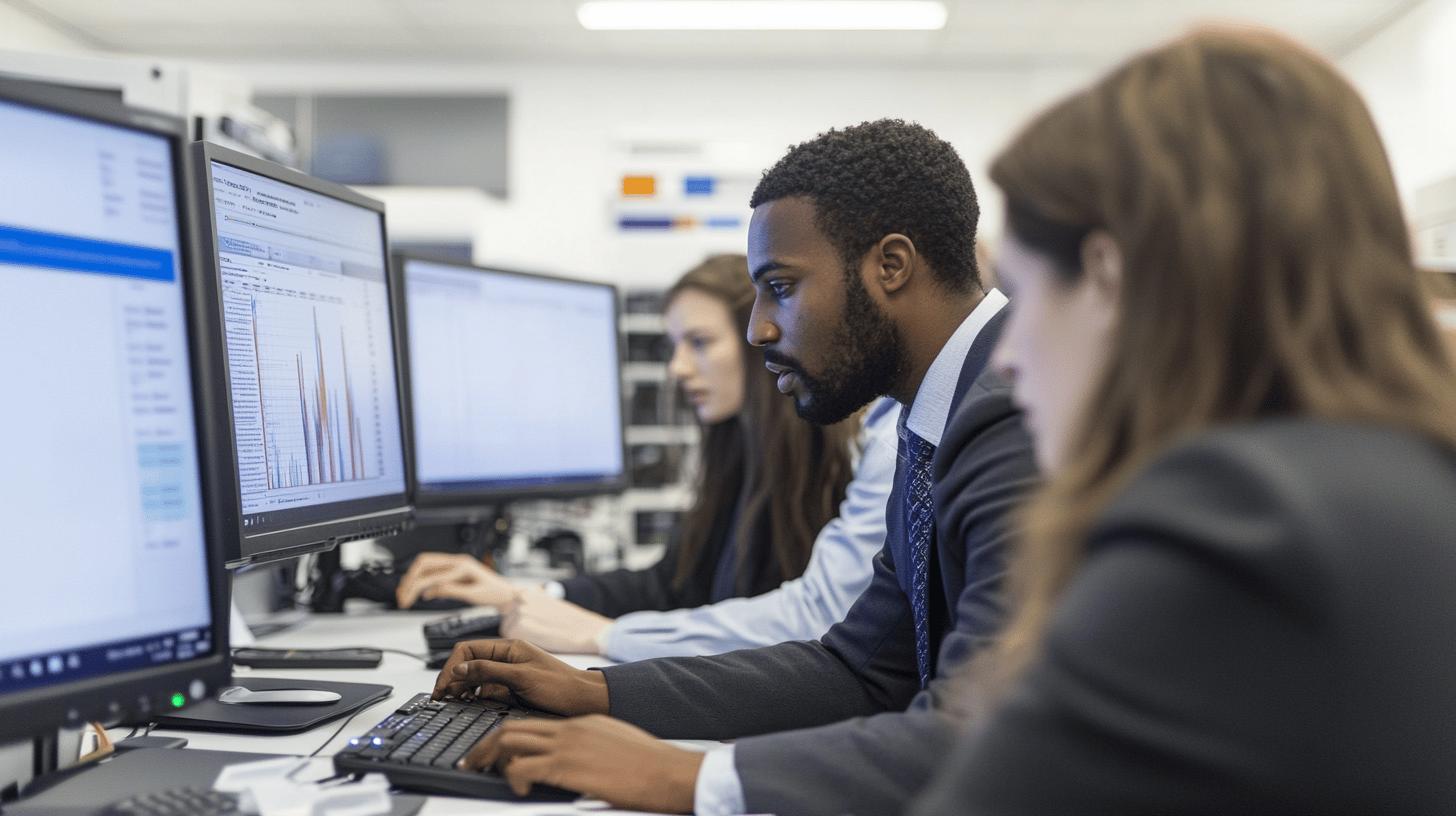 Professional business team analyzing data charts on computer monitors in corporate office setting