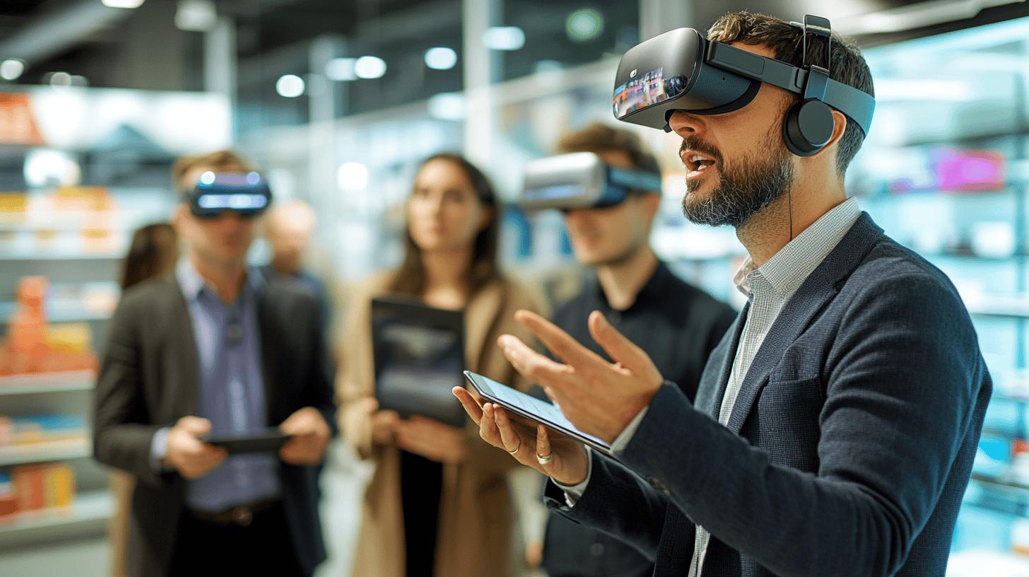 Professional team exploring virtual reality technology in modern office setting, with bearded team leader wearing VR headset and gesturing while colleagues participate in immersive digital experience