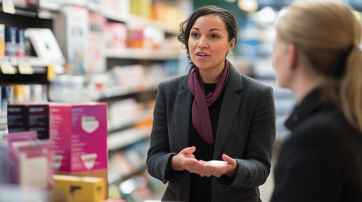 Professional woman in gray blazer and purple scarf explaining something while standing in a retail store aisle with product shelves in background, gesturing with open hands during conversation