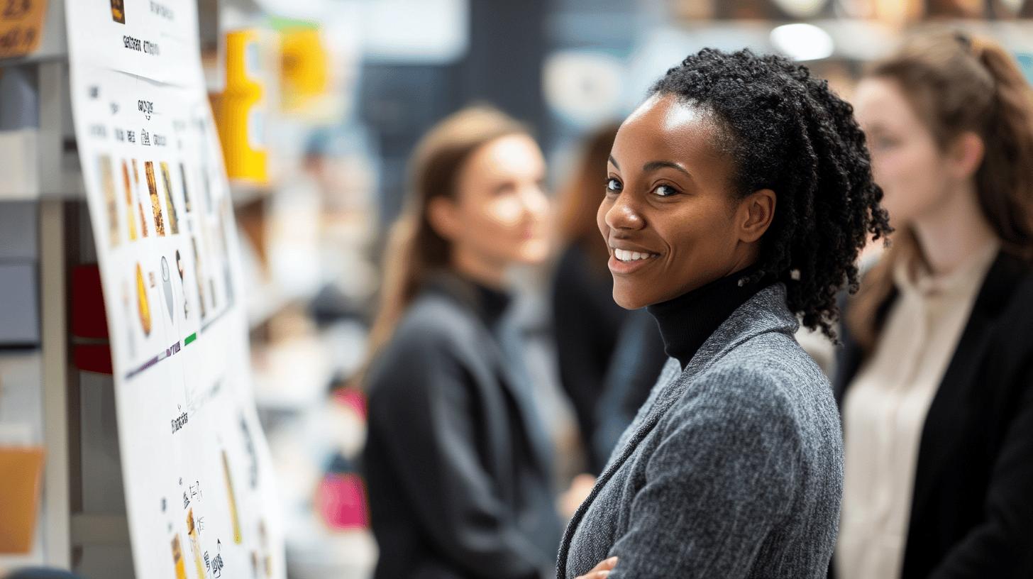 Smiling professional woman in gray sweater standing near project board in office with blurred colleagues in background