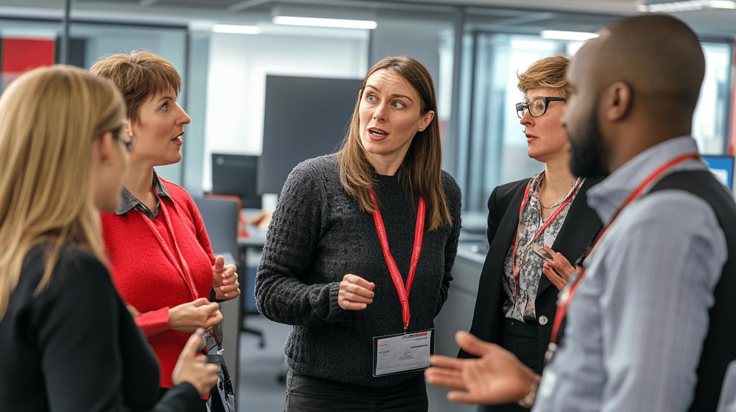 Professional diverse team collaborating in modern office meeting with attentive body language and conference room backdrop, wearing lanyards and business casual attire