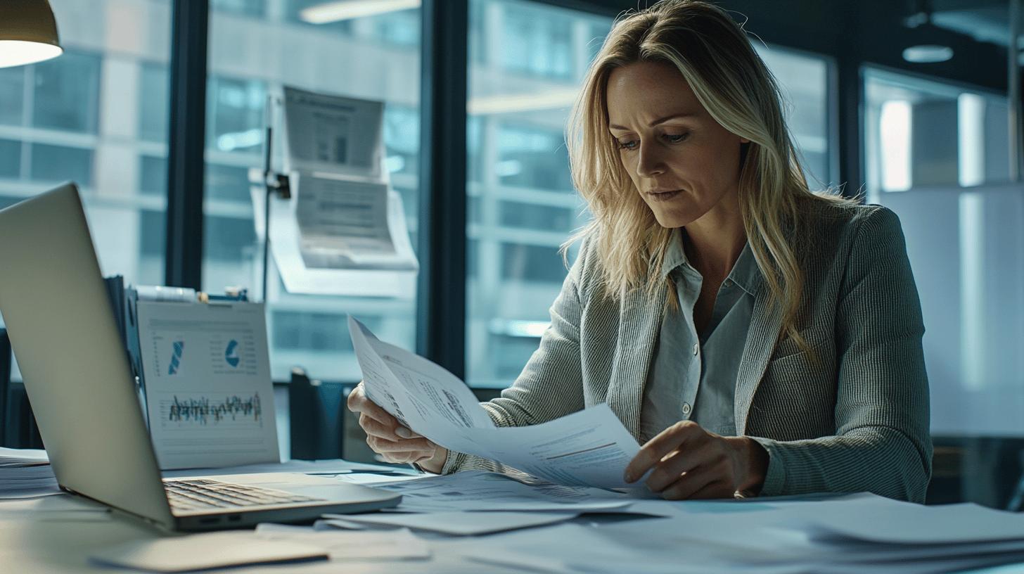 Professional businesswoman reviewing financial documents in modern office with laptop and data charts, analyzing business reports with focused expression