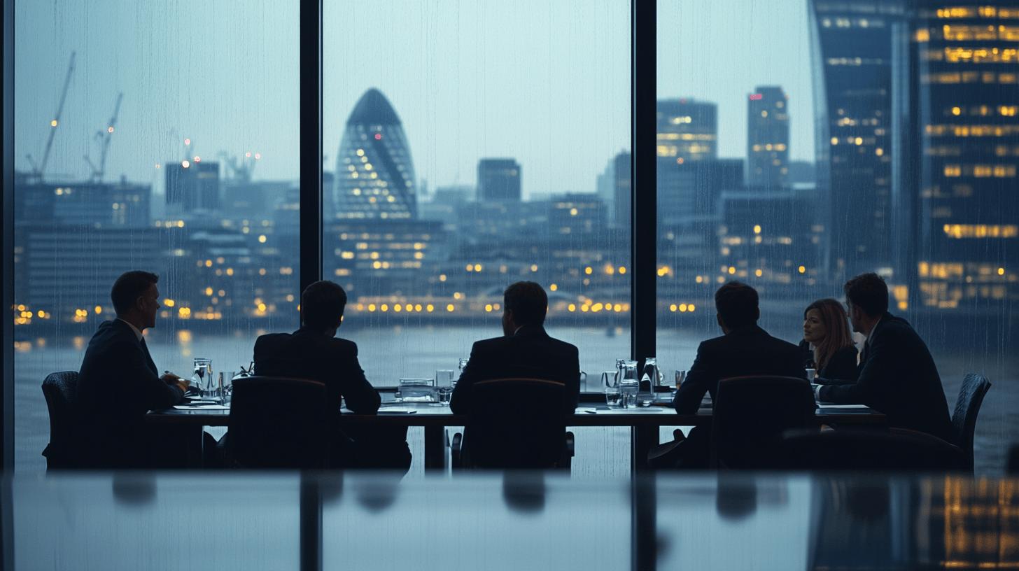 Business professionals in meeting overlooking London skyline at dusk, with Gherkin building and city skyscrapers illuminated in background