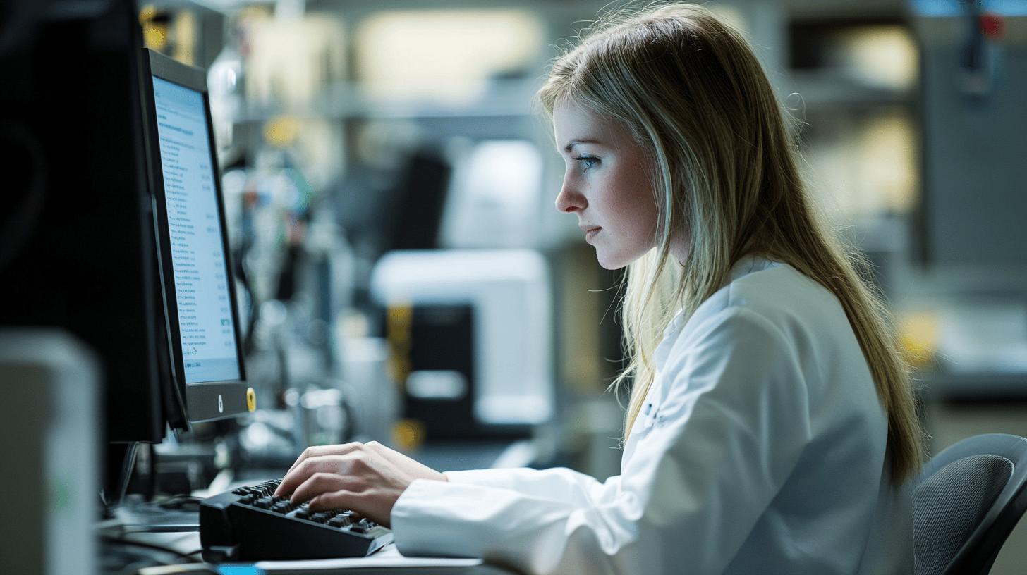 Professional scientist working on computer in laboratory setting, focused on research task with blurred scientific equipment in background