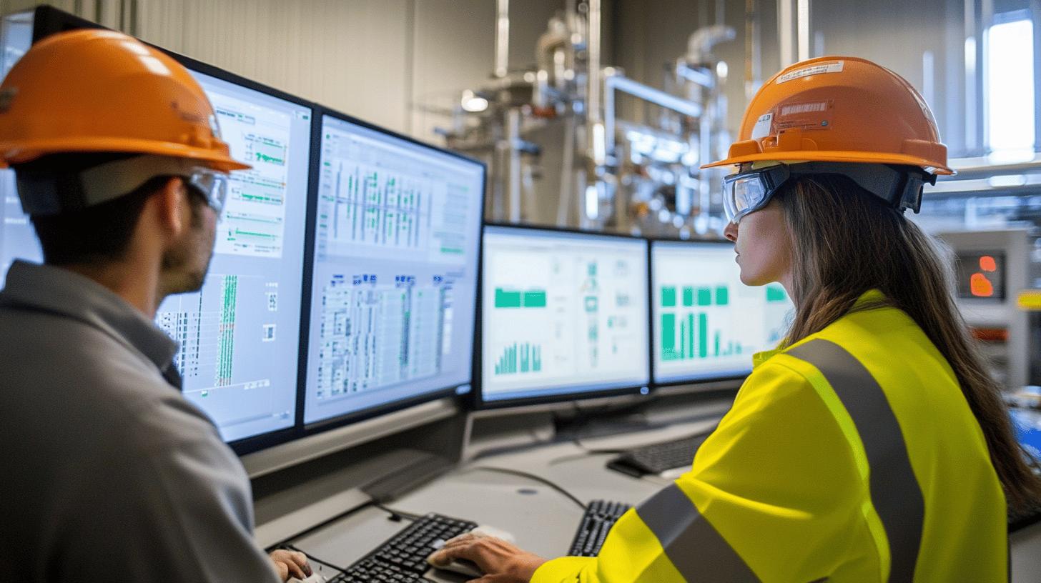 Industrial control room with two technicians wearing orange hard hats and safety gear, monitoring multiple computer screens displaying green data charts and graphs, with industrial machinery visible in background
