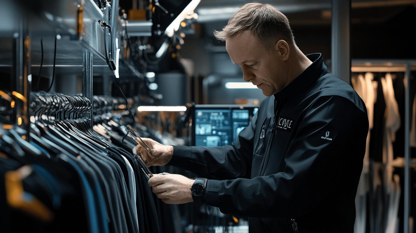 Professional working in high-tech retail environment, examining dark-colored clothing on a rack with industrial background and digital screens