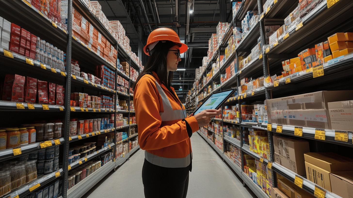 Warehouse worker in orange safety vest and helmet using tablet between inventory shelves, conducting inventory management or logistics tracking in a well-organized storage facility