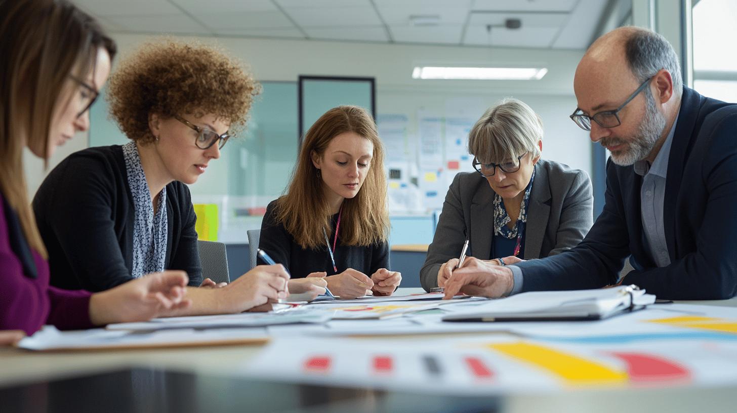 Professional team collaborating on project in modern office meeting room with diverse coworkers analyzing documents together