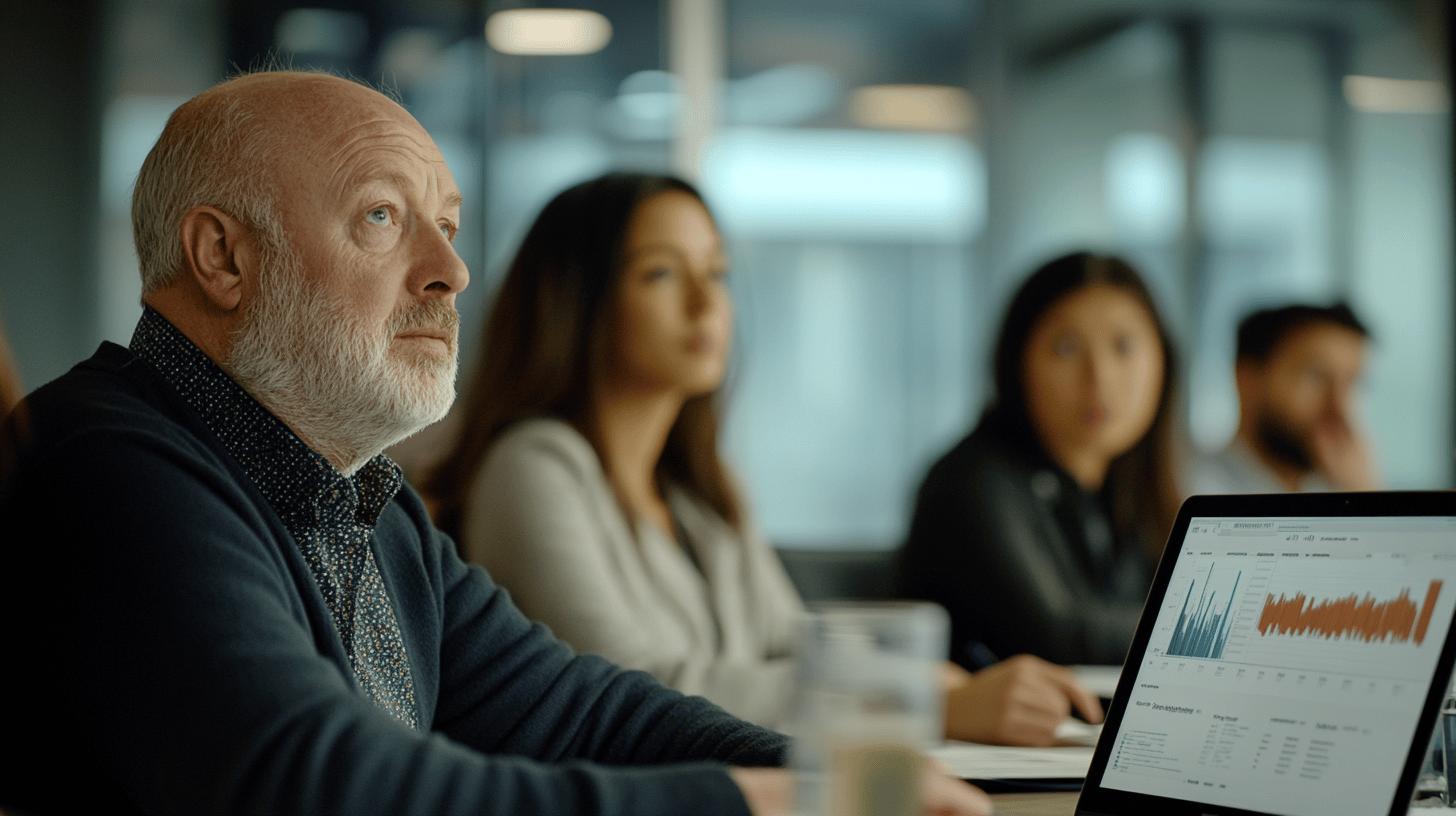 Business professionals analyzing data charts in a modern office meeting with focused expressions, reviewing statistical graphs on laptop screens