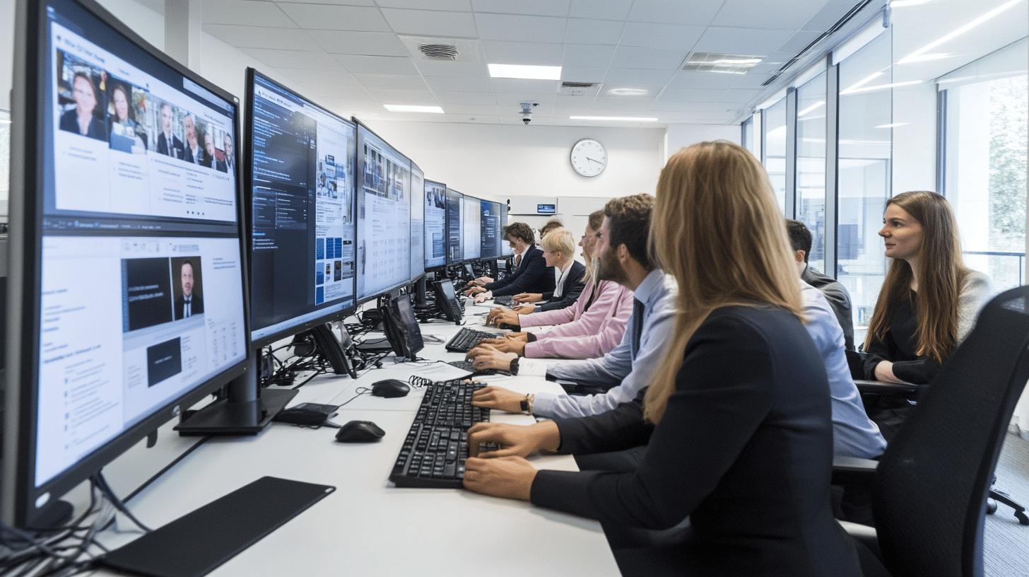 Professional monitoring team working in modern surveillance control room with multiple computer screens and workstations, analyzing data and digital information