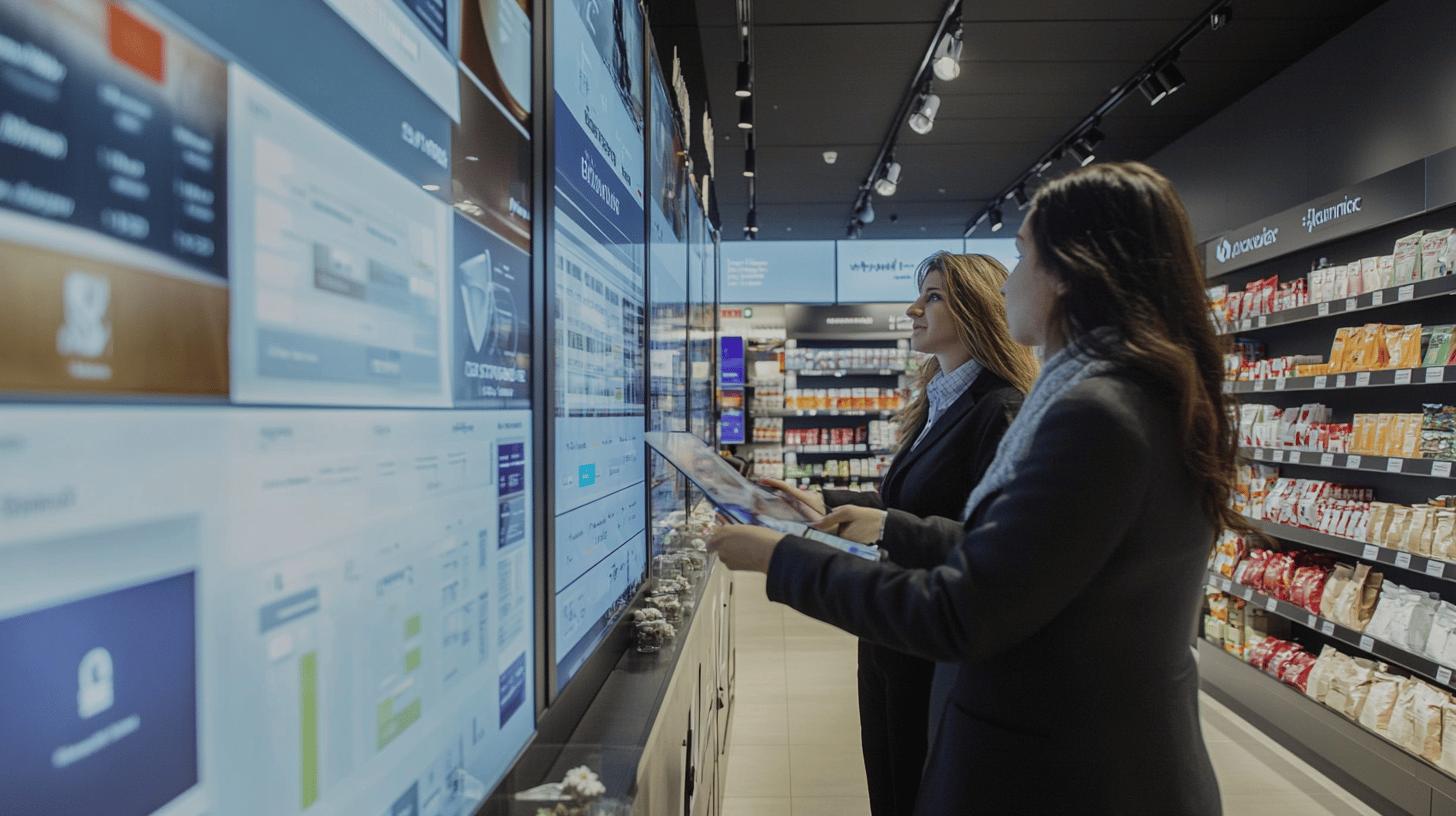 Digital display showcasing business analytics in retail store with employees analyzing data and shelves of packaged products