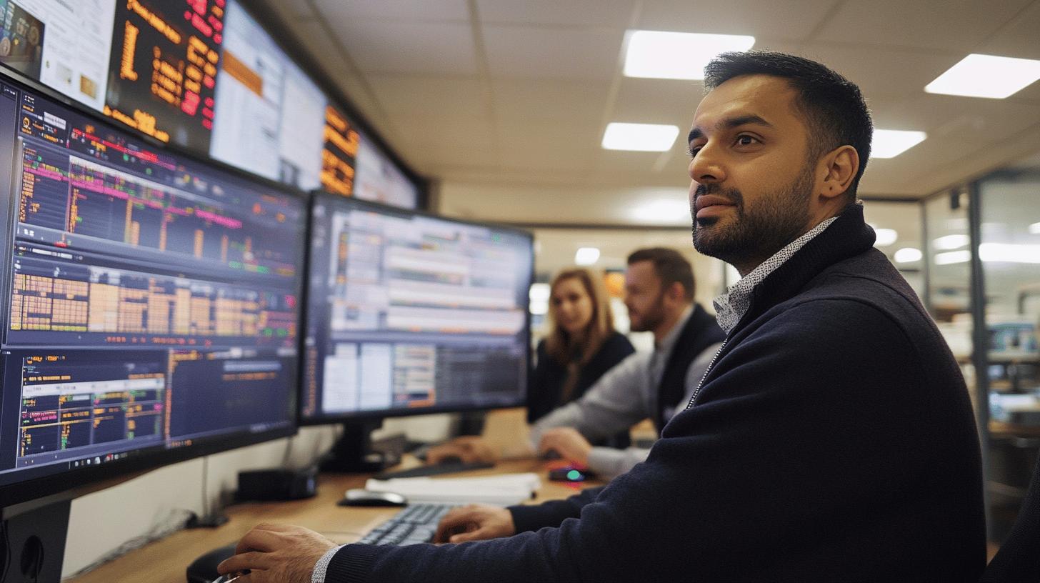 Financial trader analyzing stock market data on multiple computer screens in a professional trading office