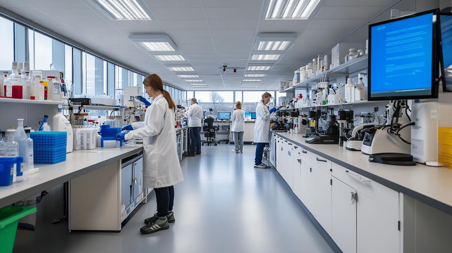 Modern scientific research laboratory with multiple researchers in white lab coats working among advanced scientific equipment, computer screens, sample bottles, and analytical instruments with large windows providing natural light