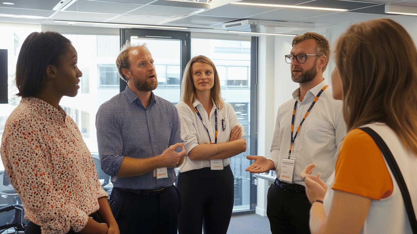 Diverse group of professionals having a collaborative discussion in a modern office meeting space with large windows, dressed in business casual attire and wearing name badges