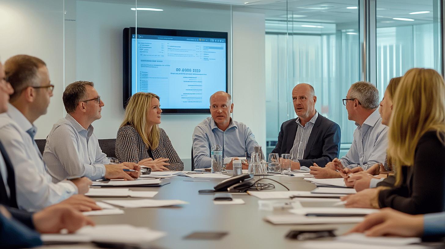 Professional business meeting in modern glass conference room with diverse team gathered around table, digital screen displaying information in background, participants engaged in discussion with documents and water glasses visible