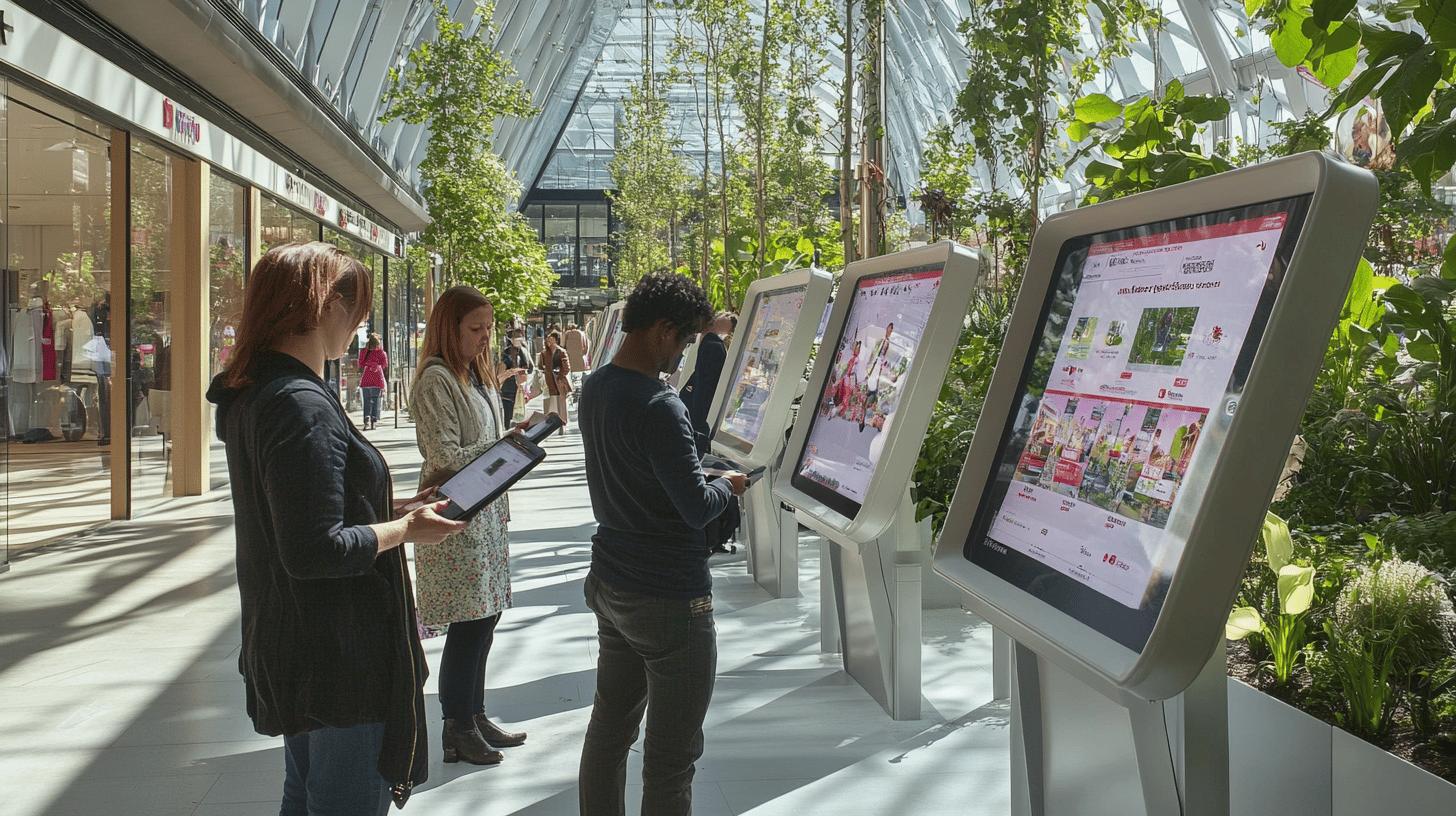 Modern shopping mall interior with interactive digital information kiosks, green trees, and glass storefronts, showing three people using touchscreen displays surrounded by indoor plants and natural light