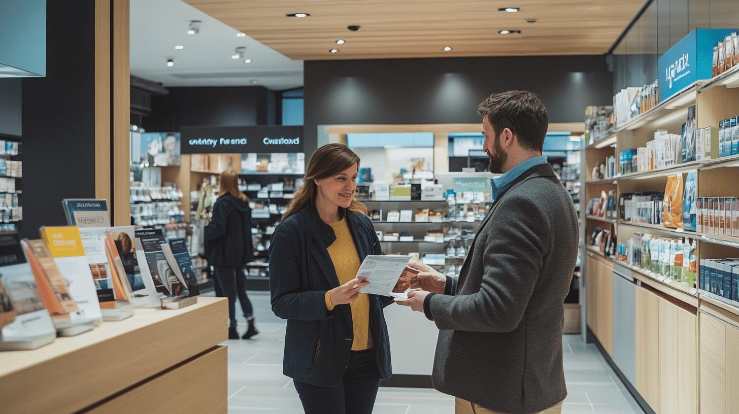 Modern pharmacy interior with two individuals exchanging documents, shelves of healthcare products and medication in background, clean and well-lit retail space with blue and wooden design elements