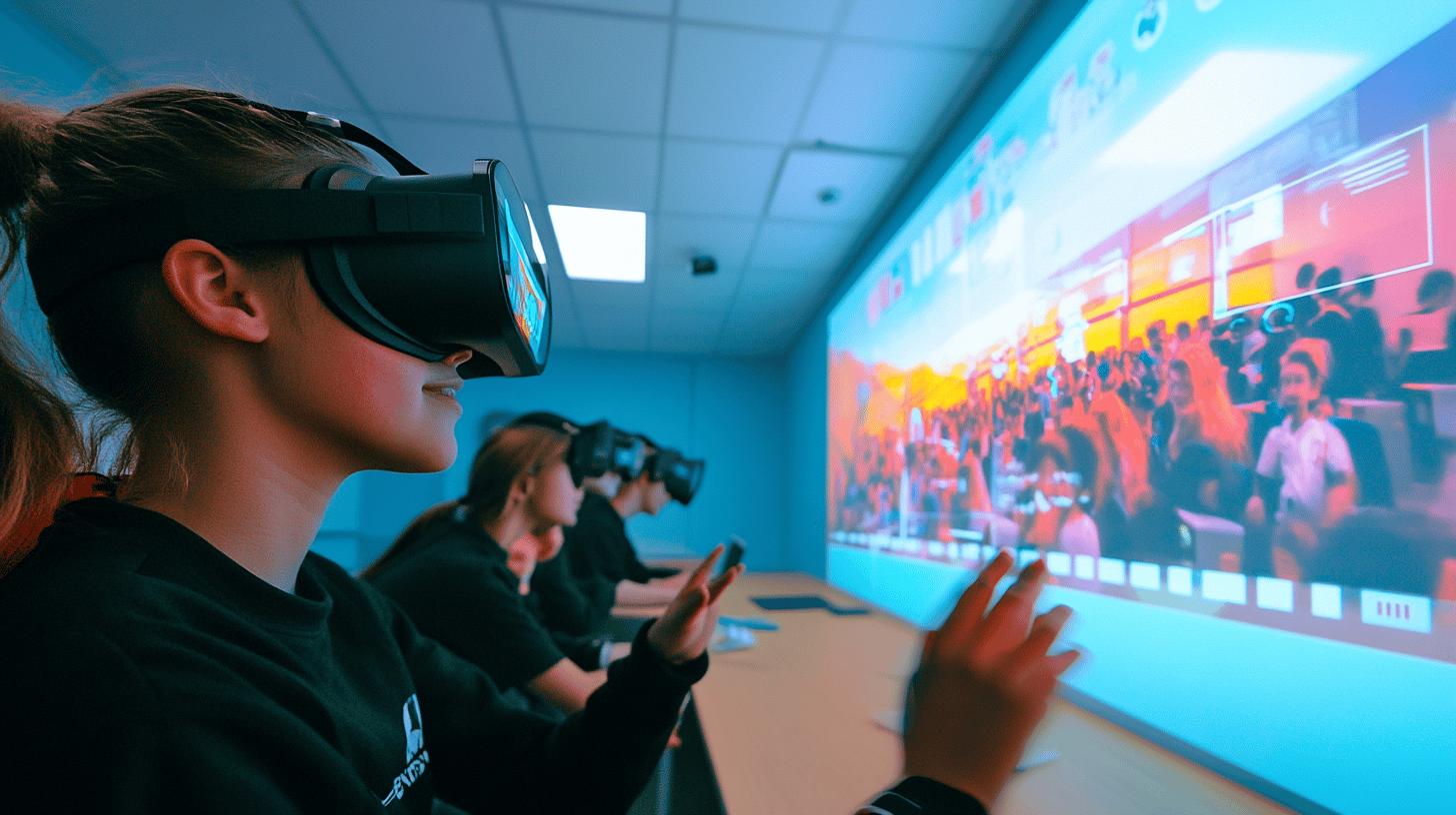 Virtual reality headsets in an immersive digital training environment with interactive projected display and multiple users engaging with simulation technology