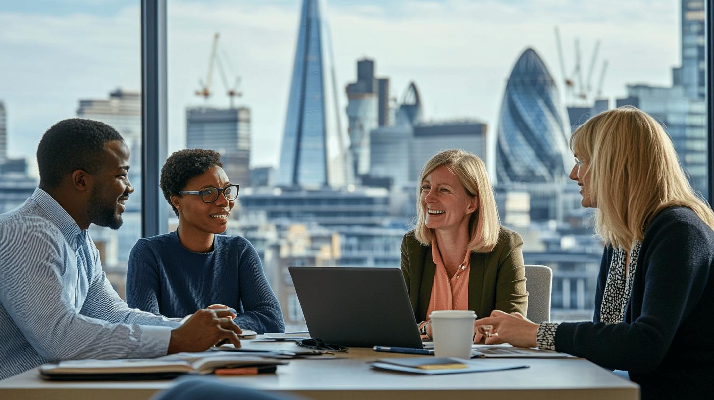 Diverse business team collaborating in modern London office with Shard and Gherkin skyscrapers in background, smiling during productive meeting with laptop and documents