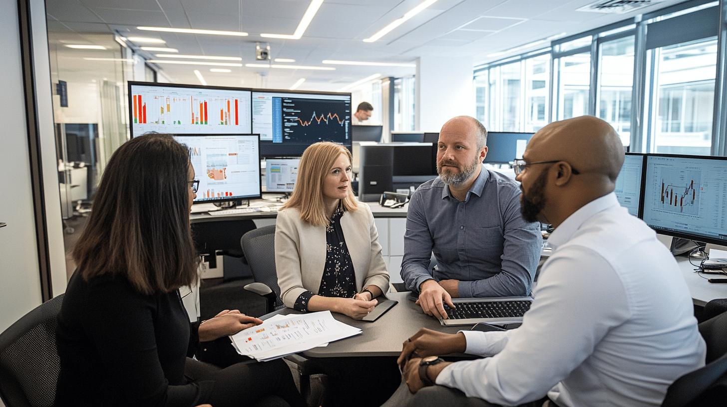 Diverse business team analyzing financial data and market trends in modern office trading room with multiple computer screens displaying graphs and charts