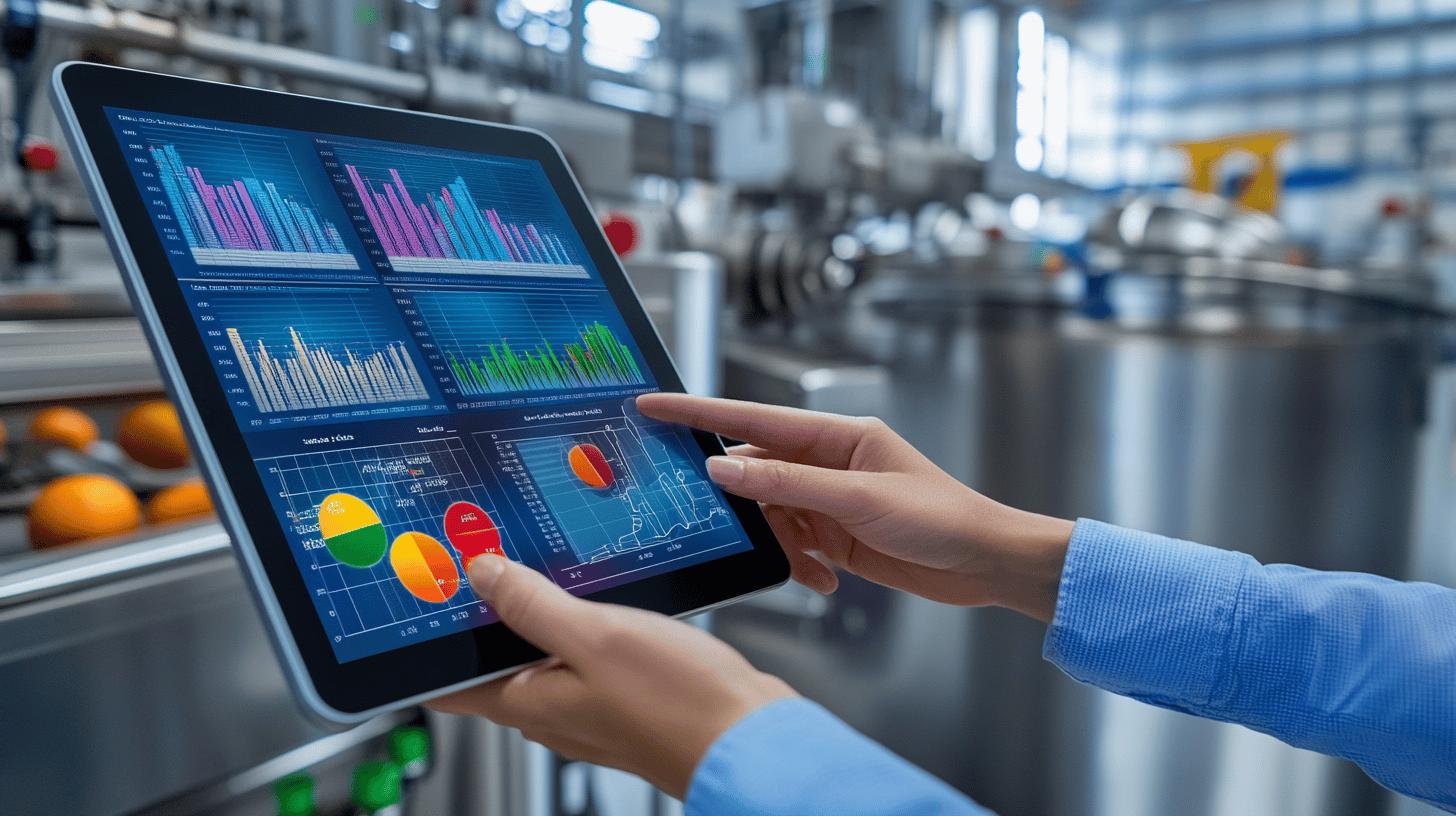 Tablet displaying industrial data analytics with colorful bar graphs and pie charts in a manufacturing facility, highlighting digital performance monitoring and business intelligence technology