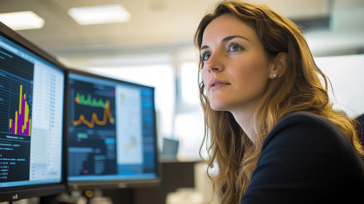 Professional analyzing financial data visualization on computer monitors in modern office setting