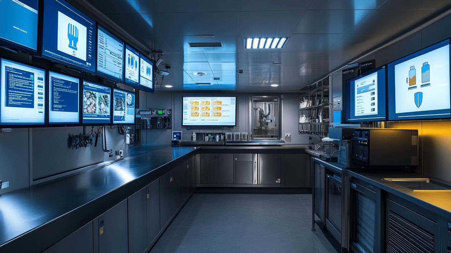 high-tech industrial kitchen laboratory with multiple digital screens displaying data and diagrams, stainless steel surfaces, advanced monitoring equipment, and blue-tinted lighting showing a modern food production or research environment