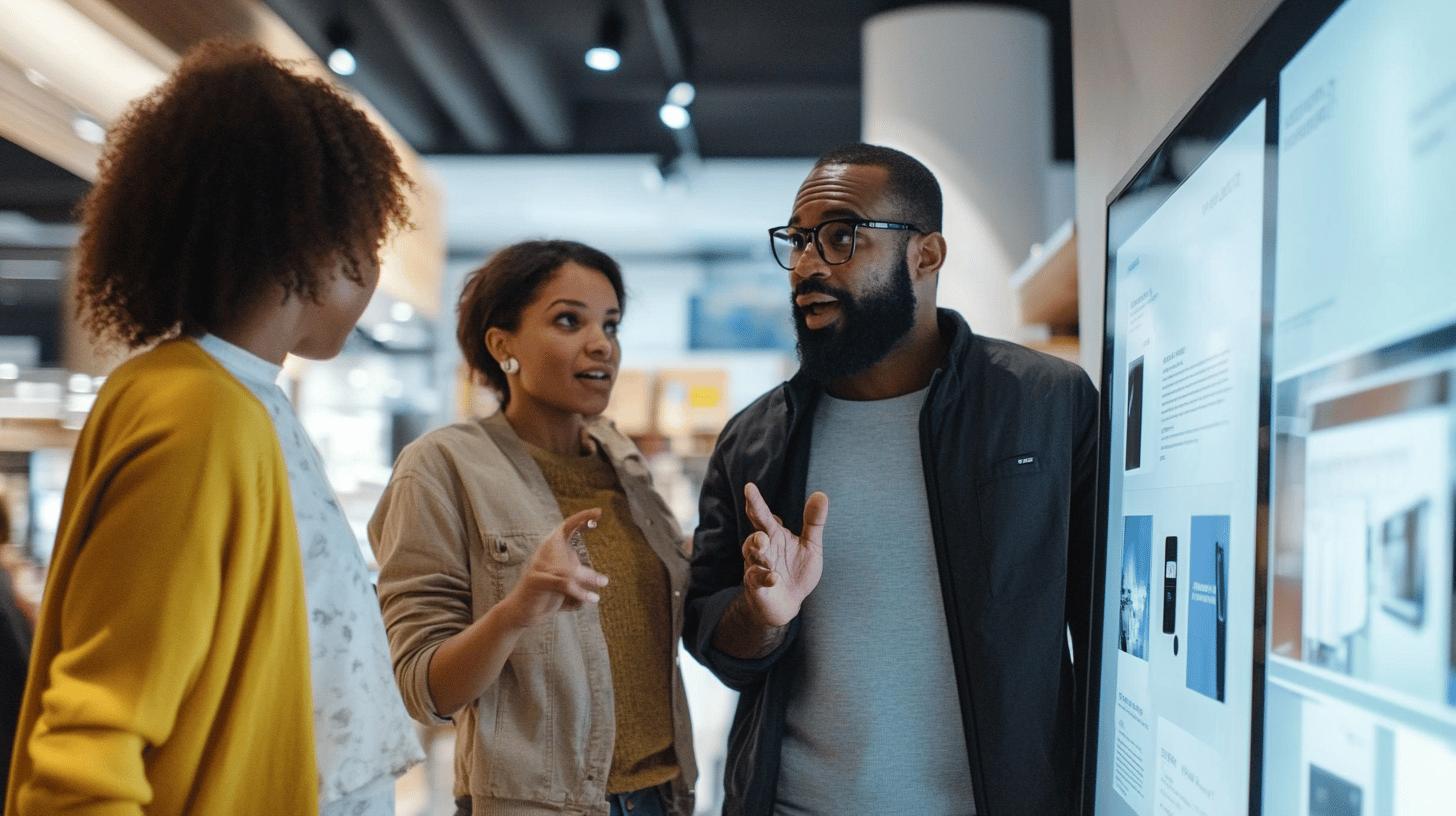 Professional team collaborating in modern office space, discussing project details near digital display with engaged body language and diverse workplace interactions