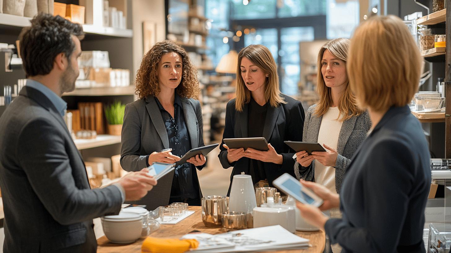 Professional business team collaborating in modern office using digital tablets, discussing project in stylish workspace with shelves and kitchen decor