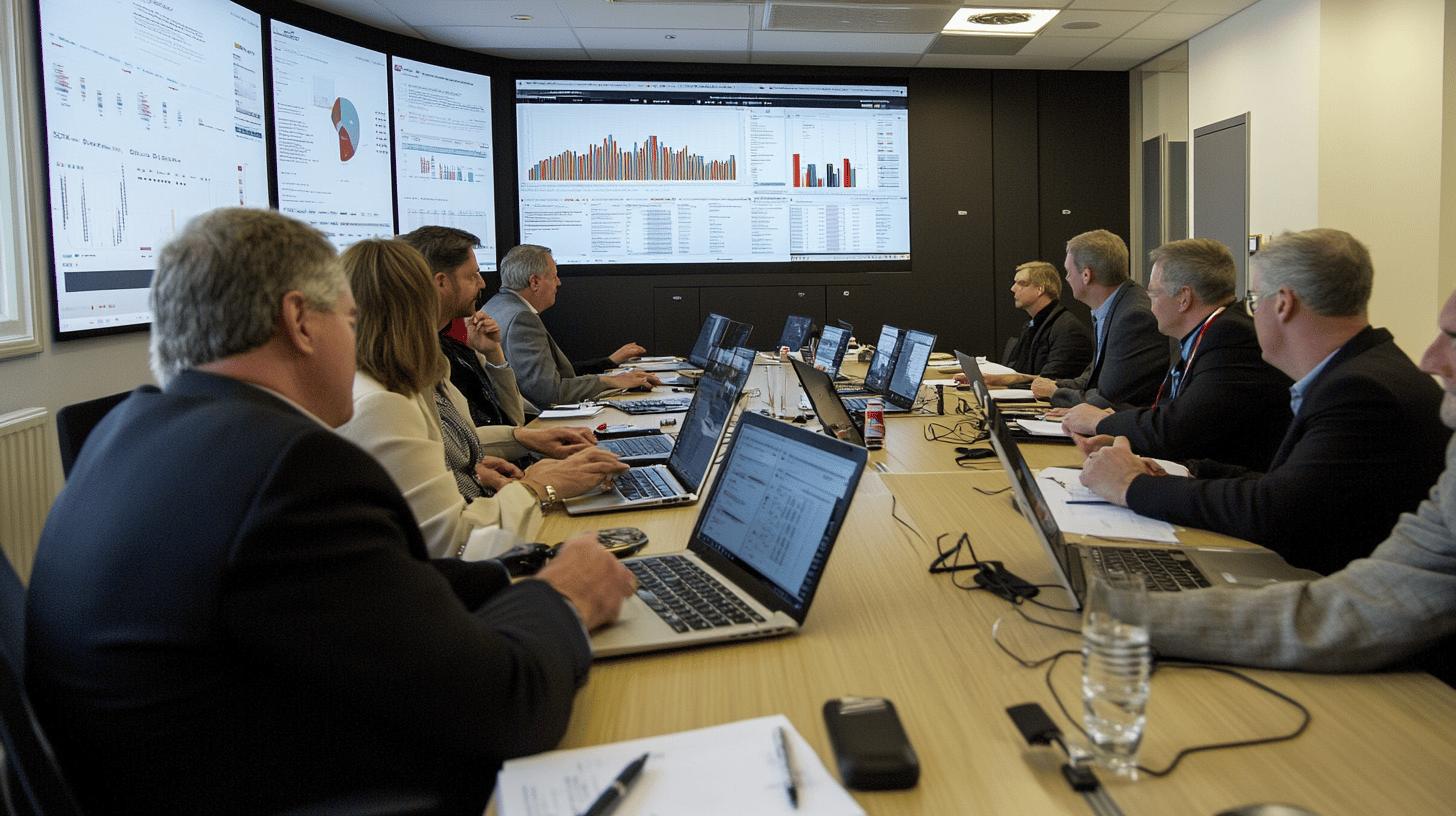 Business professionals analyzing data analytics in a conference room with multiple screens displaying charts and graphs, demonstrating collaborative corporate strategy meeting