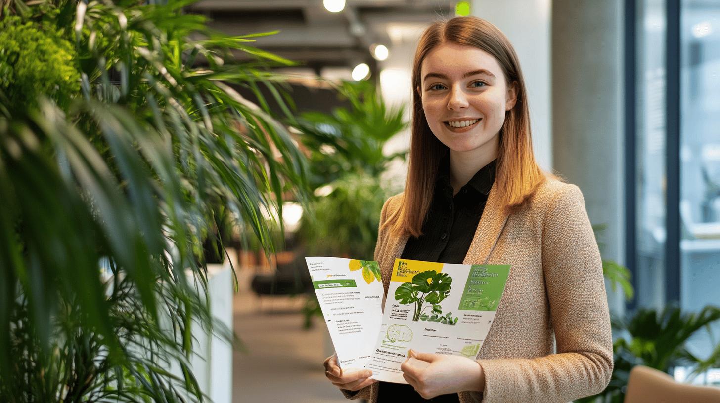 Professional woman holding plant care guides in green-filled office environment, showcasing botanical information with warm smile