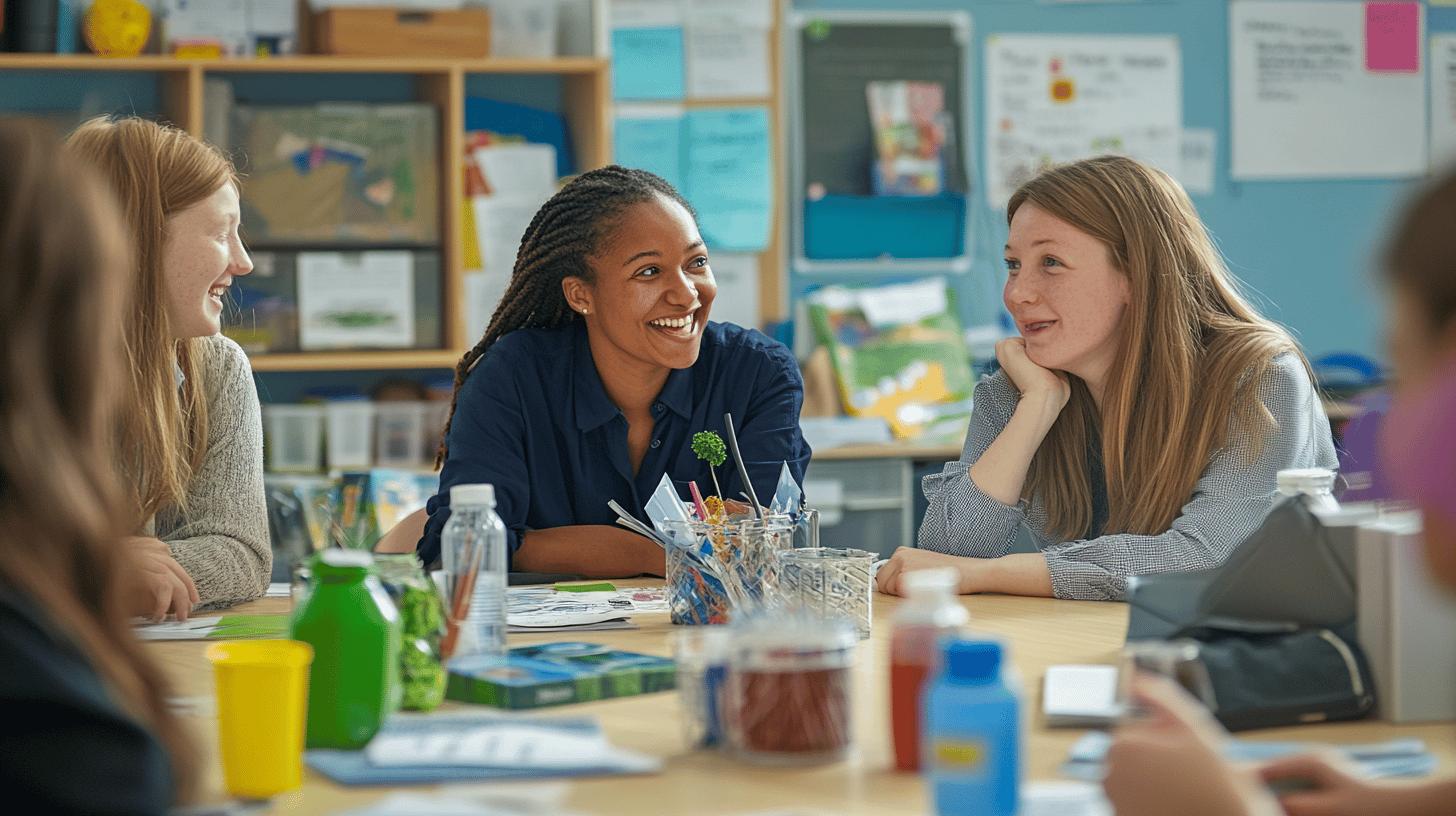 Students collaborating and smiling together in a vibrant classroom setting with art supplies and learning materials
