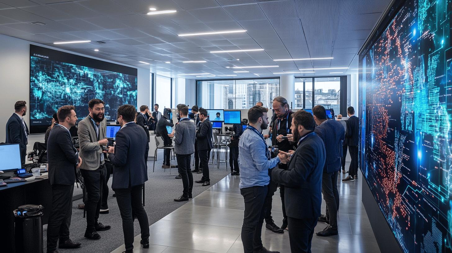 high-tech cybersecurity operations center with professionals analyzing digital network data visualization screens, showcasing modern technology and collaborative workspace with sleek design and large digital displays