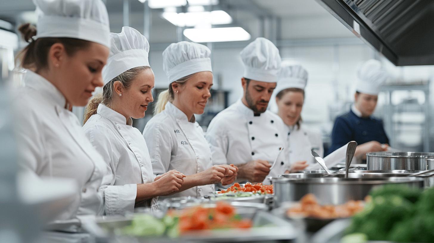 Professional chefs in white uniforms preparing fresh ingredients in a modern commercial kitchen with stainless steel workstations and cooking equipment