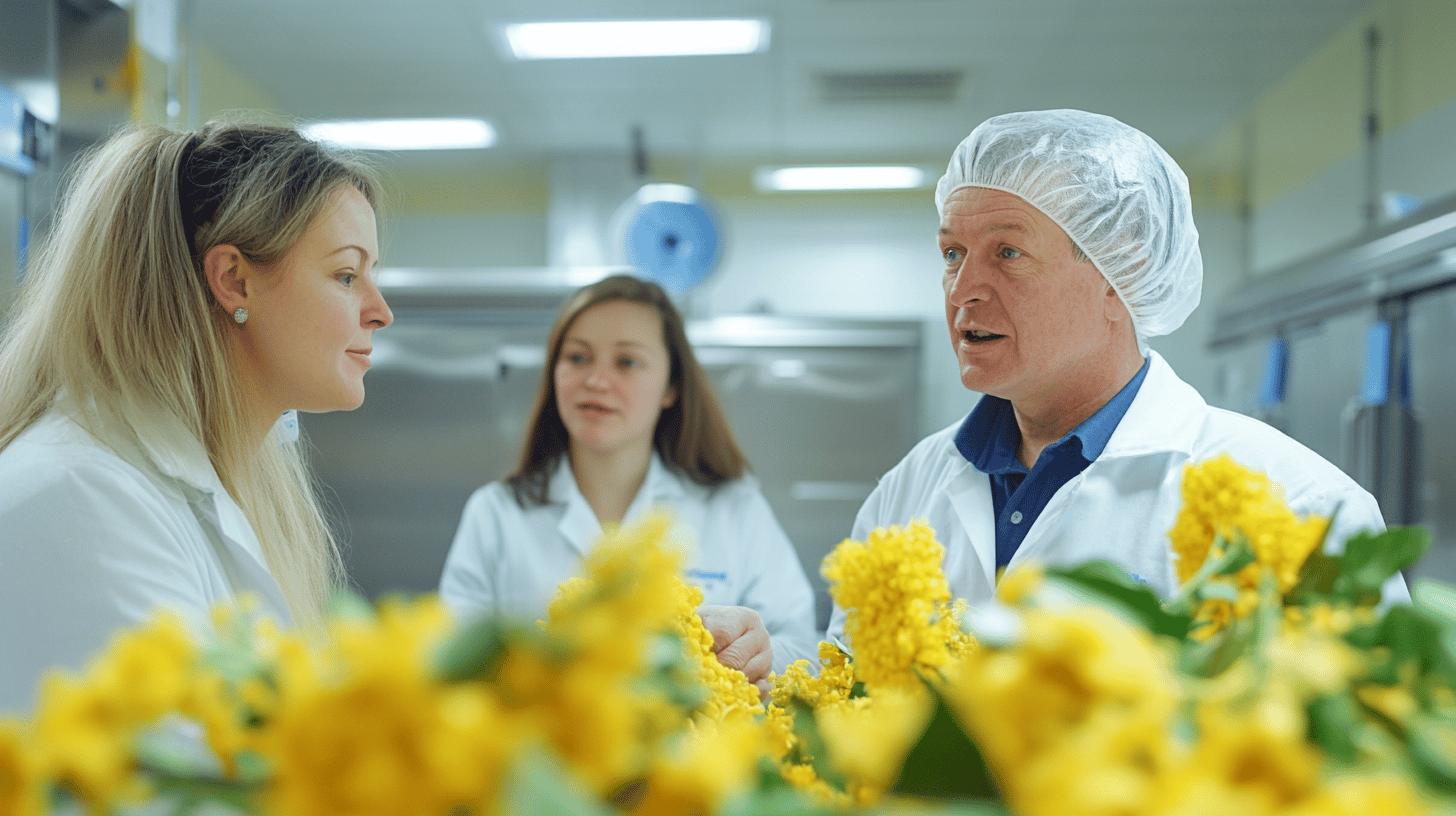 Scientists in white lab coats examining yellow flowers in sterile laboratory environment, discussing research with protective hairnets and professional demeanor