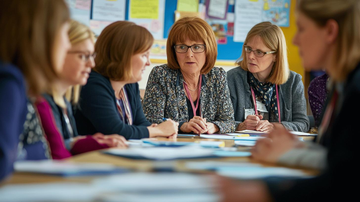Group of female educators in staff meeting, collaborating around table with documents, classroom bulletin boards visible in background, wearing professional attire and glasses