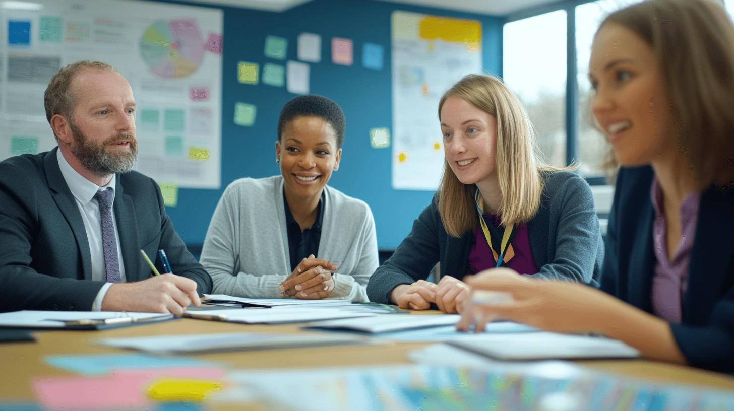 Diverse business team collaborating in modern office meeting with sticky notes and charts