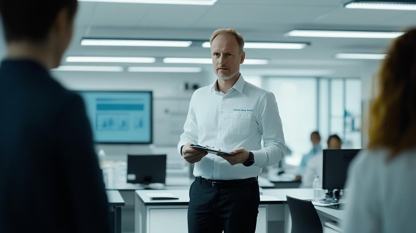 Professional middle-aged executive in white shirt holding clipboard in modern office with computer workstations and fluorescent lighting