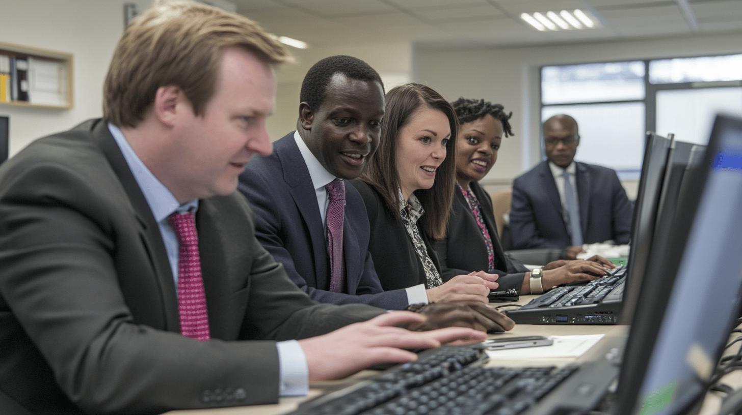 Diverse business team collaborating in office, working together on computers in professional corporate environment