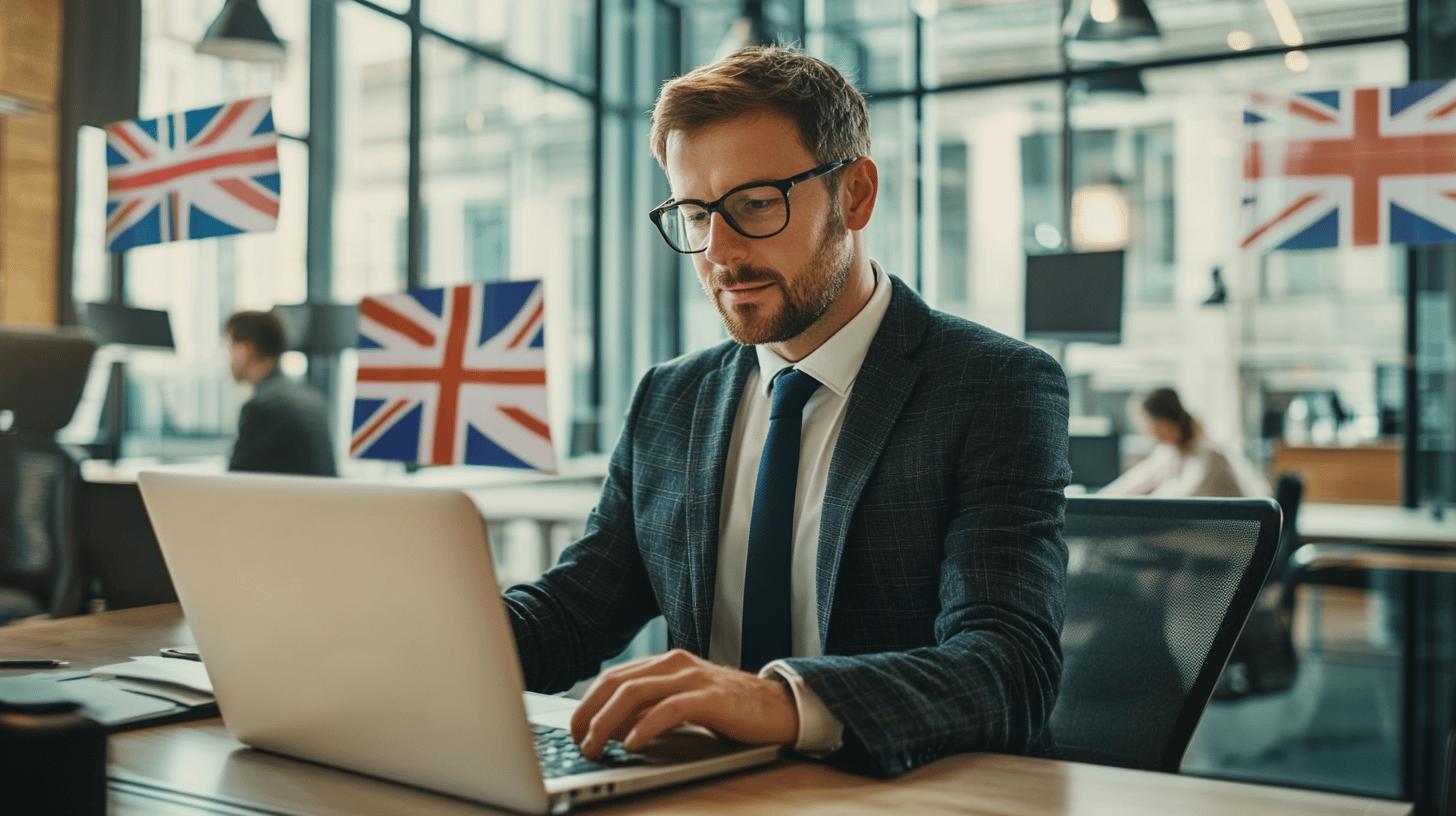 Professional businessman in glasses working on laptop in modern British office with Union Jack flags
