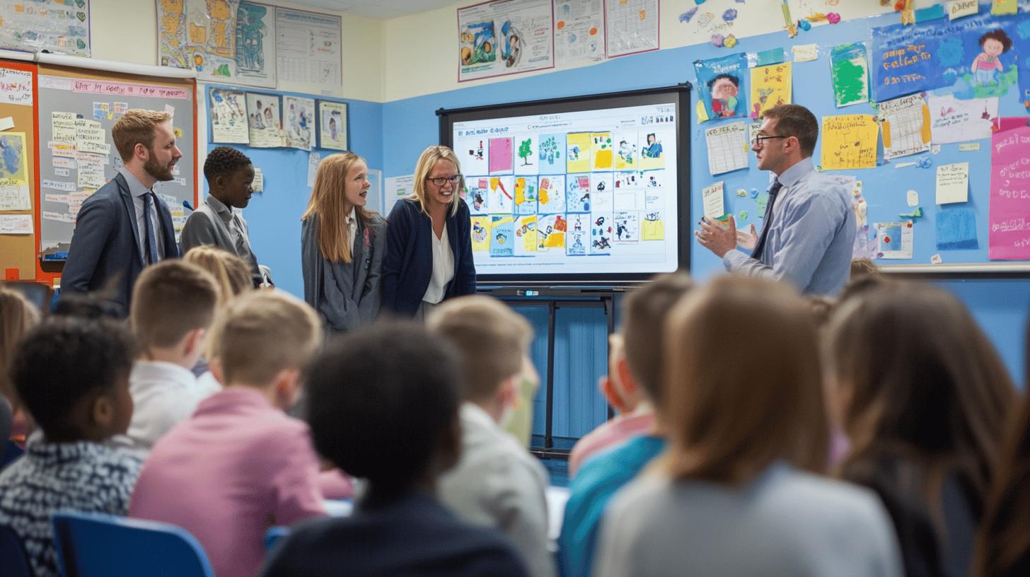 Classroom lesson with educators presenting on interactive display, students seated and engaged in learning environment with colorful educational posters and visual aids