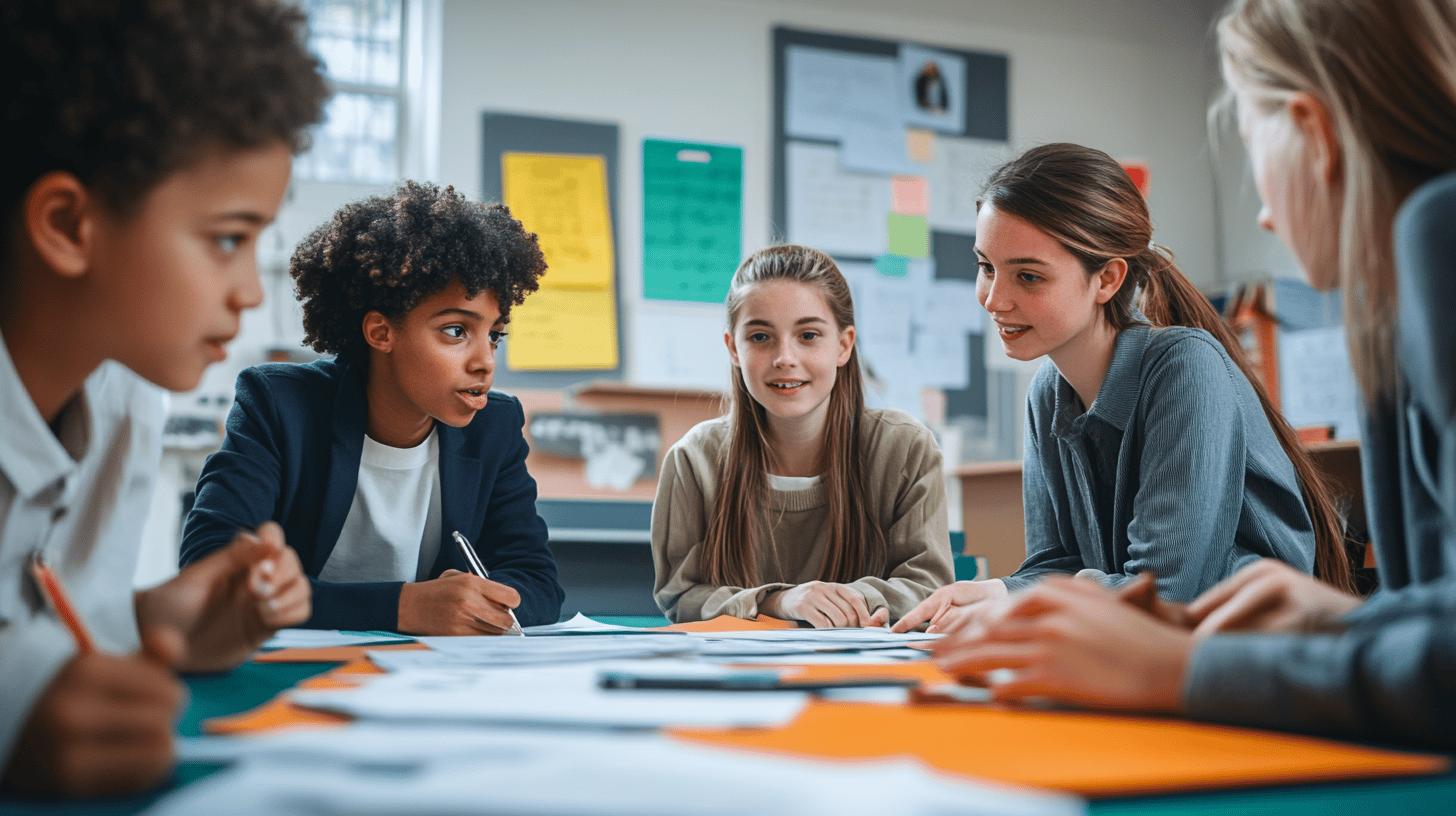 Diverse group of students collaborating in classroom, working together on group project with papers and writing materials, engaging in teamwork and educational discussion