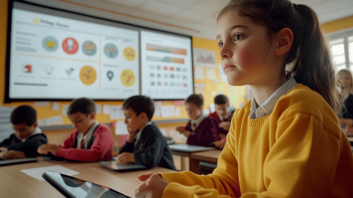 Students in digital classroom with interactive dashboard, young learner in yellow sweater focusing on lesson with data visualization screens in background